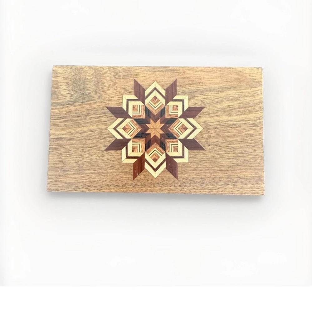 Signed 1987 Inlaid Wooden Jewelry Box Marquetry Star Design 4x7” Velvet Lined
